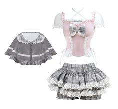 Lolita fashion outfit with a pink top, grey plaid skirt, and matching capelet