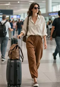 Woman with sunglasses and luggage walking through an airport