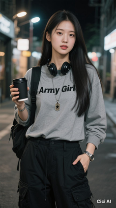 Woman with long hair, headphones, and a dog tag necklace holding a coffee cup at night