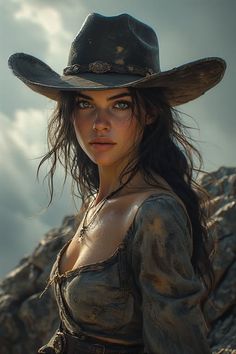 Woman in a cowboy hat with long hair and freckles, showing cleavage