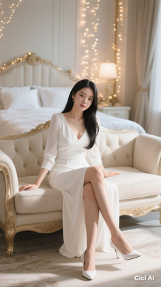 Woman in a white dress sitting on a sofa in a bedroom with string lights