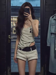 Woman in a tank top and shorts taking a mirror selfie indoors