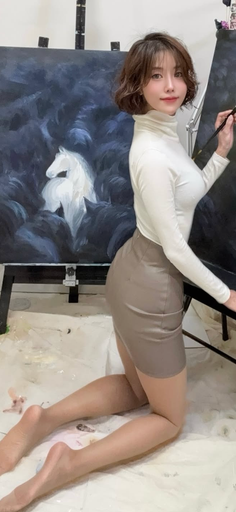 Woman in a turtleneck and mini skirt kneeling next to a painting of a white horse