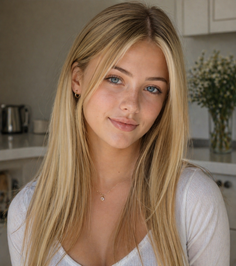 Young woman with blonde hair and blue eyes wearing a white top indoors