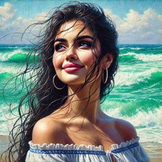 Woman with long, windblown hair and an off-shoulder top at the beach