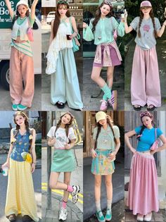 Multiple women posing in various pastel-colored casual outfits on a street