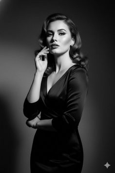 Woman in a black dress with wavy hair in a dramatic black and white portrait
