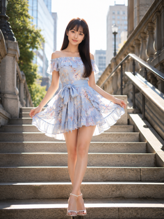Woman in a light blue floral dress standing on outdoor stairs