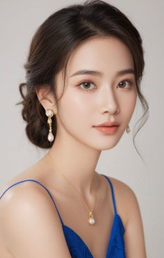 Woman with an updo hairstyle wearing a blue dress and pearl jewelry