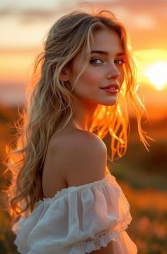 Blonde woman in an off-shoulder top with golden hour backlight