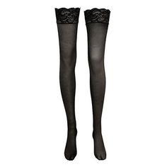 Pair of black sheer thigh-high stockings with lace trim
