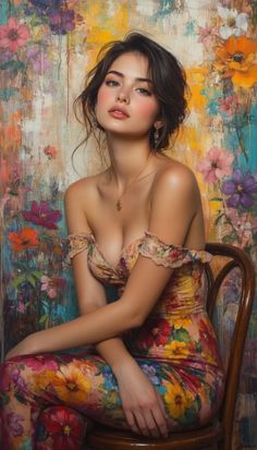 Woman in a floral off-shoulder dress sitting against a colorful floral background