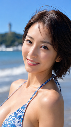 Woman in a blue floral bikini smiling at the beach
