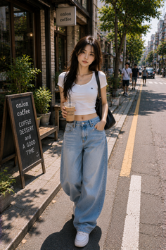 Woman in a white crop top and baggy jeans holding a drink on a sunny street