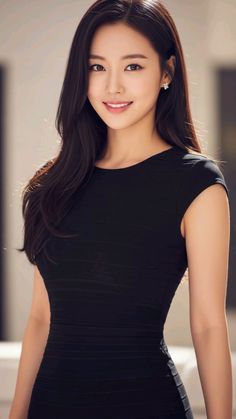 Woman with long dark hair wearing a black dress and earrings