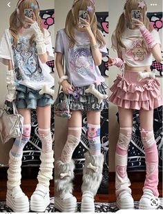 Three people in different pastel-colored outfits with platform shoes and leg warmers