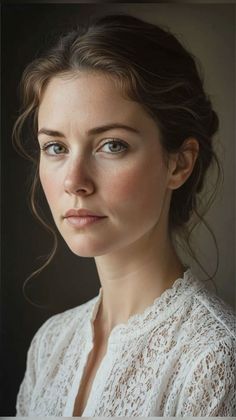 Woman with brown hair wearing a white lace top, looking directly at the viewer