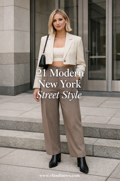 Woman with blonde hair in a cropped blazer and wide leg pants outdoors