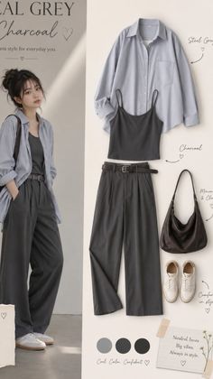 Woman in a casual outfit with a loose shirt and wide leg pants