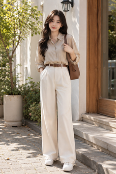 Woman with long hair wearing a button-up shirt and wide-leg pants outdoors