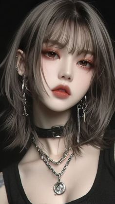 Woman with medium hair and a choker with layered chains