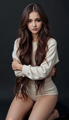 Woman with long wavy hair wearing a beige top and shorts against a dark background