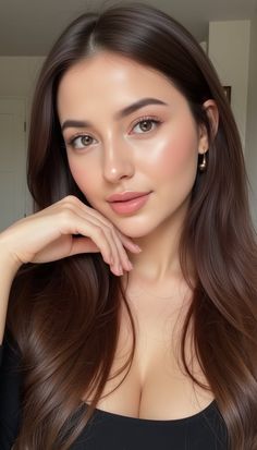 Woman with long brown hair and gold earrings, resting her chin on her hand