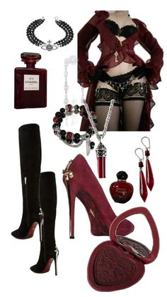 Gothic-style outfit with lingerie, stockings, and various accessories