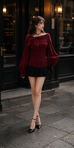Woman in a red off-shoulder sweater and black pleated mini skirt on a street
