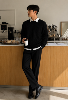 Man in a black sweater and white shirt holding a coffee cup in a coffee shop