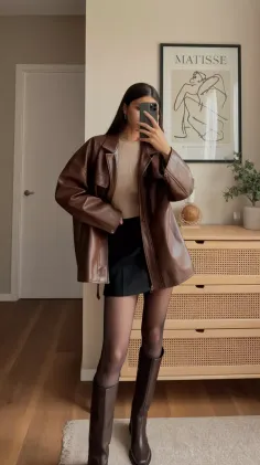 Woman in a brown leather jacket and black mini skirt taking a mirror selfie