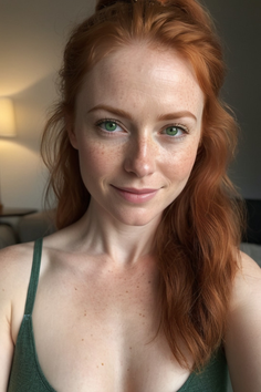 Woman with red hair and green eyes, smiling at the camera