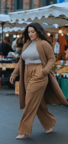 Woman with long curly hair wearing a turtleneck and wide leg pants walking outdoors