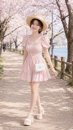 Woman in a pink dress and straw hat walking under cherry blossom trees