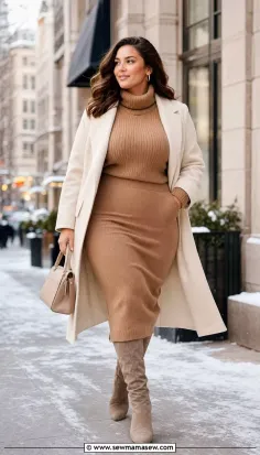 Woman in a long coat and turtleneck sweater walking on a snowy city street