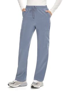 Person wearing blue scrub pants with a drawstring waist and athletic shoes