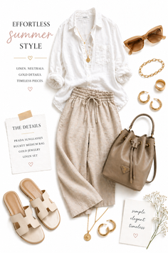 Flat lay of a summer outfit with linen clothes, gold jewelry, and accessories