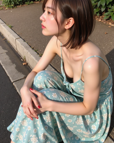 Woman with short hair in a floral dress sitting outdoors