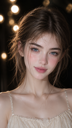 Woman with blue eyes and long hair in soft lighting with bokeh background