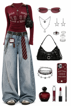 Full body flat lay of a casual outfit with accessories on a white background
