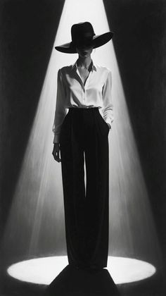 Woman in a wide brim hat and white shirt standing in a spotlight