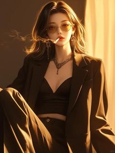 Woman in a suit and sunglasses smoking, with warm lighting