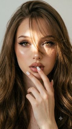 Woman with long brown hair and glossy lips, with dramatic lighting on her face