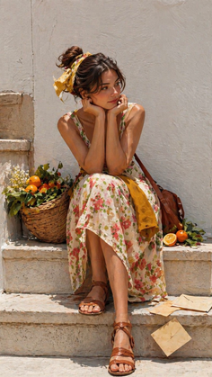 Woman in a floral dress and head scarf sitting outdoors with a basket of fruit