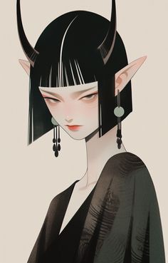 Illustration of a demon girl with black hair, horns, and elf ears
