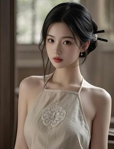 Woman with black hair in an updo wearing an embroidered top
