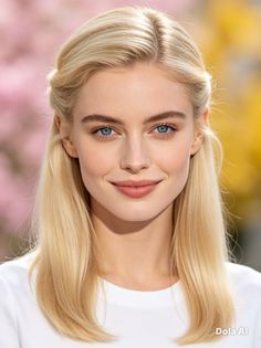 Blonde woman with blue eyes smiling outdoors with soft lighting