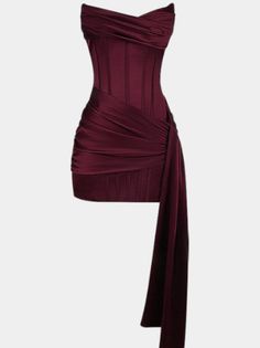Burgundy strapless mini dress with ruched and draped fabric