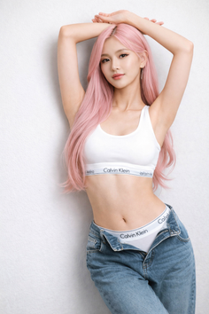 Woman with pink hair in a white sports bra and unzipped denim jeans