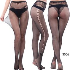 Three views of a person wearing black fishnet stockings and underwear